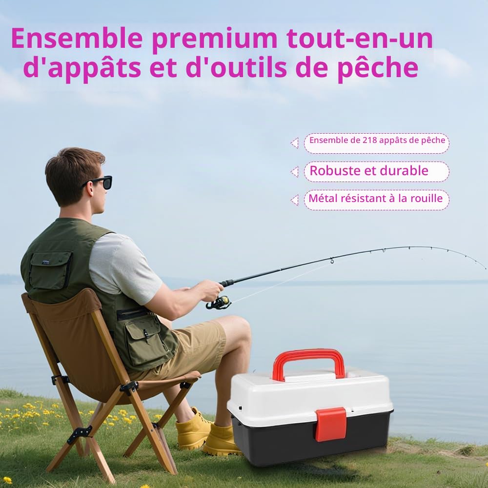 218 Pièces Accessoires de Pêche, Kit de Peche avec Pêche Portable et Boîte, Leurres de Pêche Kit Comprenant Plombs, Hameçons, Plastique Vers, pour Les Poissons d'eau Douce et d'eau Salée