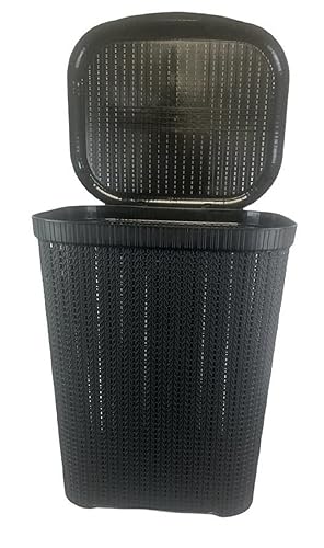 Rattan Design Plastic Laundry Hamper Storage Basket 55L With Lid (Black) - Black
