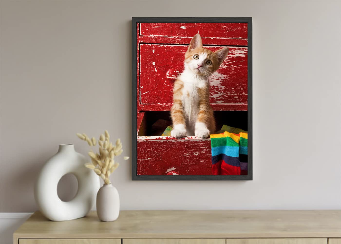 VERRE ARTPrinted Framed Canvas Painting for Home Decor Office Wall Studio Wall Living Room Decoration (10x14inch Black Floater) - Orange tabby kitten in red drawer