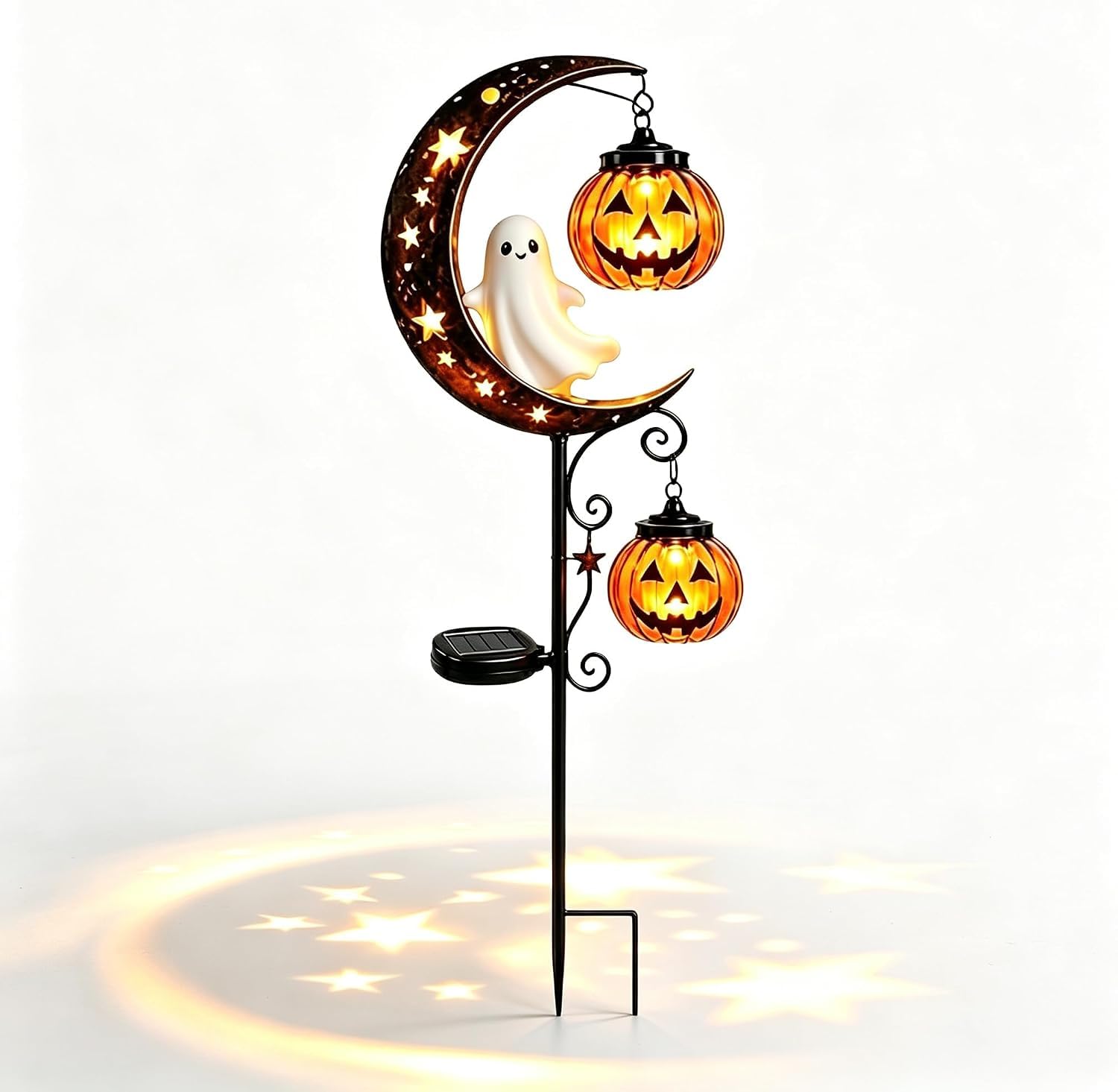 Solar Halloween Ghost Garden Stake Light, Metal Crescent Moon & Pumpkin Lantern Yard Decor, Auto On/Off Waterproof LED Landscape Lighting for Patio Lawn Pathway