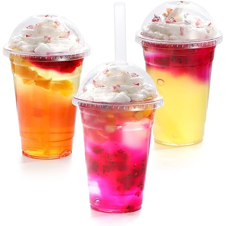 TashiBox [16oz-100set Plastic Cups with Dome Lids: Perfect for Iced Coffee, Smoothies,...