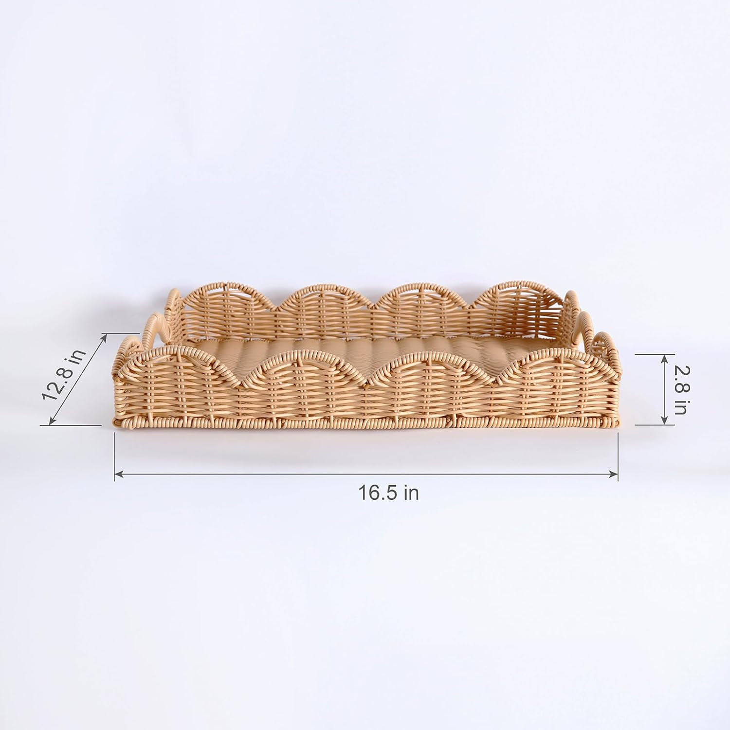 Scalloped Imitation Rattan Tray Basket,17"*13" Super Hard Rectangle Hand Woven Wicker Serving Trays with Handles, Seagrass Decoratve Trays for Coffee Table (Plastic-Apricot) - Image 2