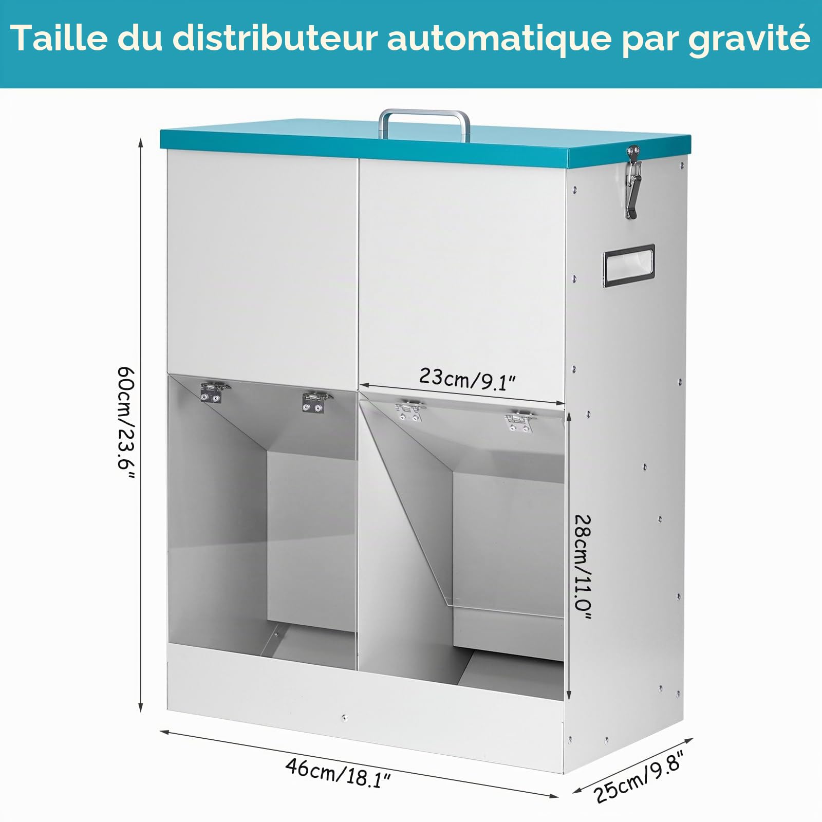 Mangeoire Automatique pour 2 Chiens, Distributeur de Nourriture Galvanisé d'une Capacité de 46lbs, Double Mangeoire pour Animaux de Compagnie pour L'extérieur et L'intérieur