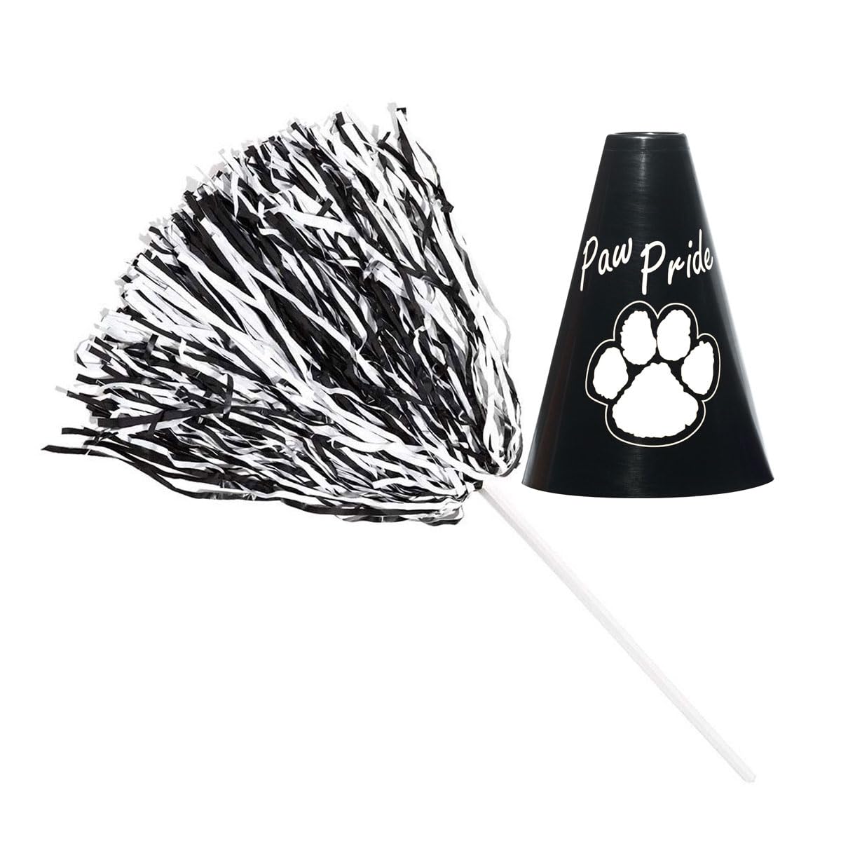 Anderson's Exclusive Black and White Paw Pride Shaker Pom Poms Megaphone Noisemaker Set School Spirit Cheerleader Sports Fan Football Homecoming Squad Team Party Dance Club Pack of 48