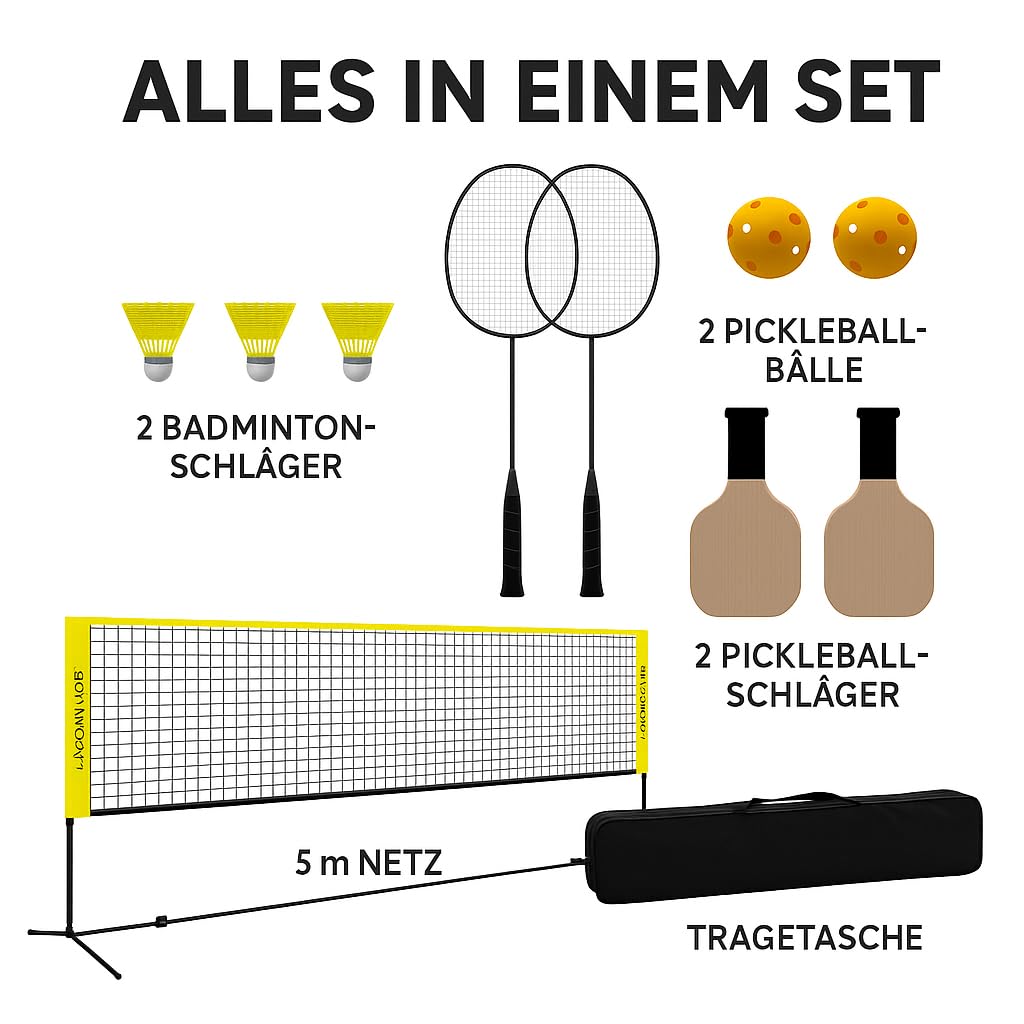 HALOFIT Pickleball & Badminton Set – 2-in-1 Netz mit Schlägern & Bällen – Tragbares Netzsystem für Garten, Indoor & Outdoor – 5 m Netz, 4 Schläger, 2 Pickleball-Bälle, 3 Federbälle & Tragetasche