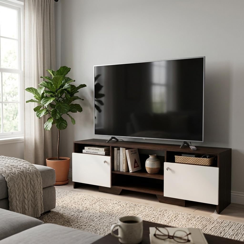 Kanta TV Unit Engineering Wood, Wenge/White | Floor Standing, Set Top Box Stand, Shelves for Books & Décor Display, TV Panel Cabinet-image-40