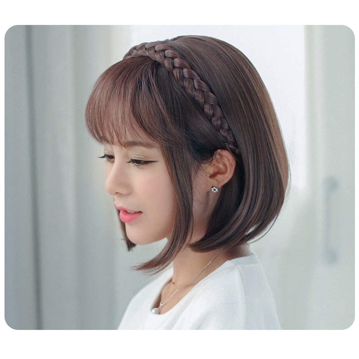 VIEWS Synthetic Wigs 1PC Front Hair Bangs, Synthetic Wigs Headband Wig Fringes Braid headband for Women Girls (Light Brown) Braided Hair Headbands