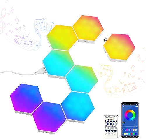 ilumeplay Paquete de 8 luces hexagonales RGB que funcionan con panel de luces de pared creativas con sincronización de música, luces de juego para