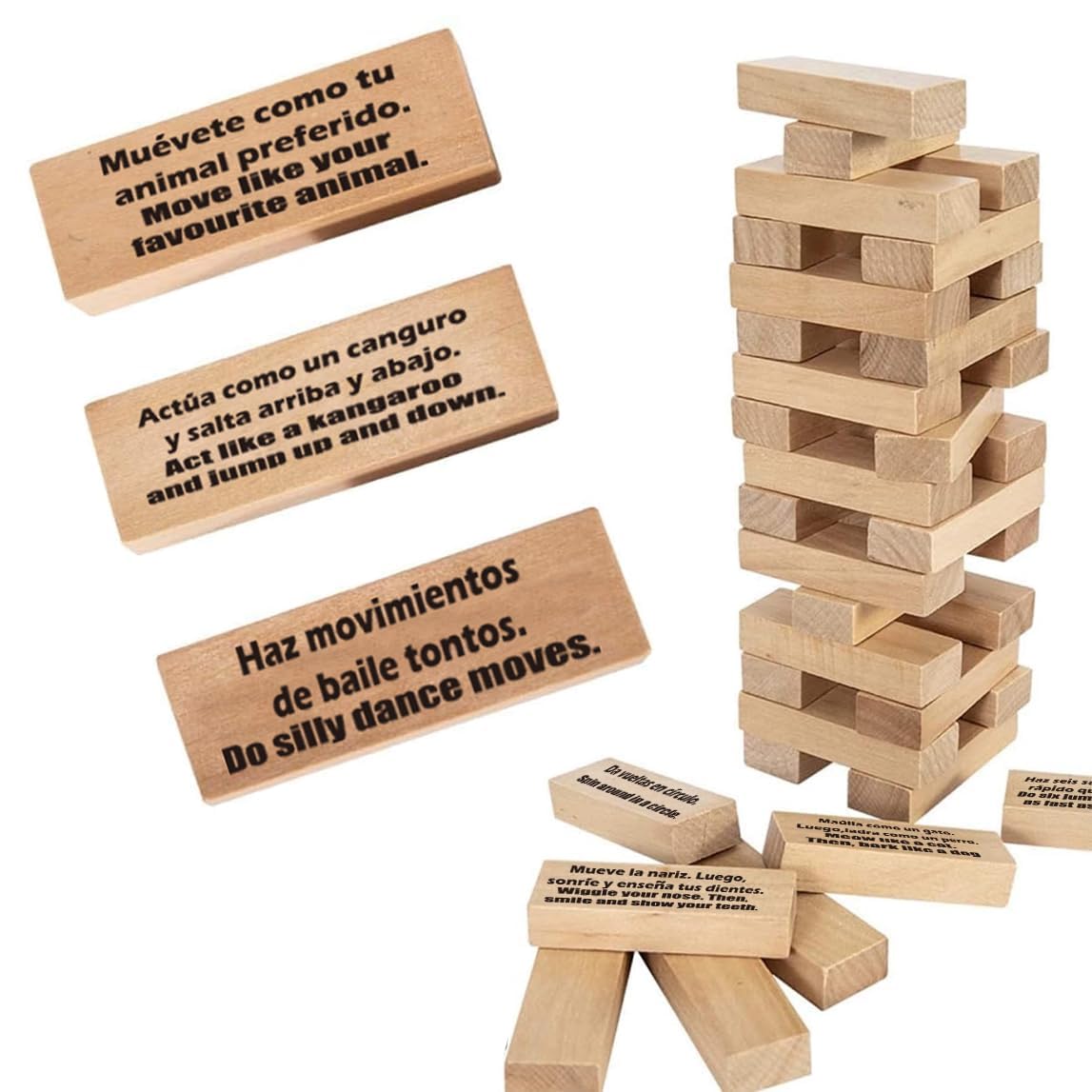 Spanish Stacking Tower Game | Bilingual Block Game for Kids Adults | Perfect for Family, Classroom | 54 Hilarious Commands | Ideal Learning Board Game Gift