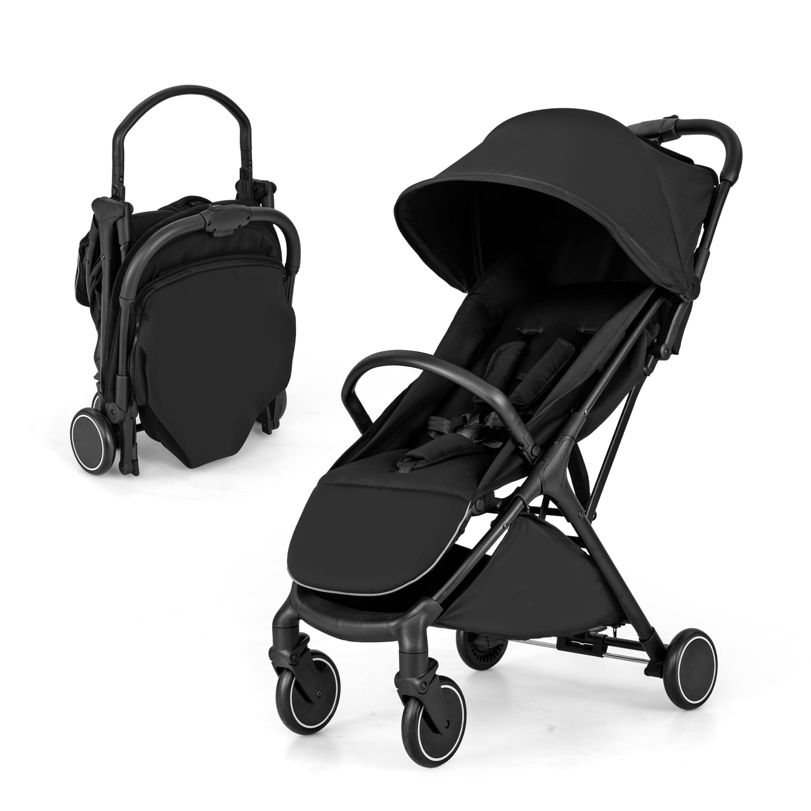 DREAMADE Kinderwagen faltbar, Reisebuggy für Kinder 0-3 Jahren, Buggy mit verstellbarem Sonnendach, Universalräder, Sicherheitsgurt & Aufbewahrungskorb, bis 15 kg Belastbar (Schwarz)