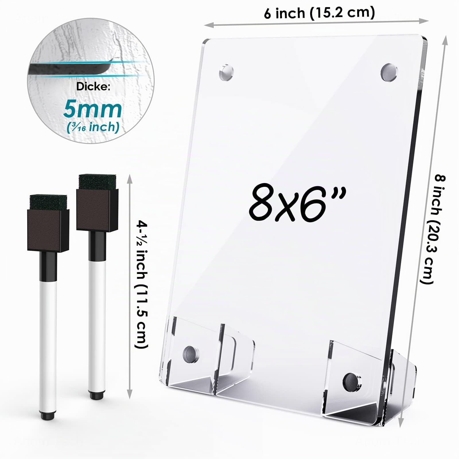 Transparentes Acryl-Whiteboard, 20,3 x 15,2 cm, rahmenlos, trocken abwischbar, mit flexiblem Magnetständer und Markern, Mini-Whiteboard, Schreibtischzubehör für Frauen, Zuhause, Büro, Schule