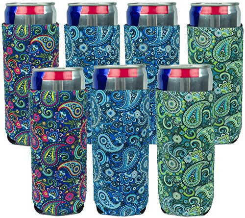 Neoprene Slim Can Sleeves - Pack of 7 Paisley coolies - Fit 12