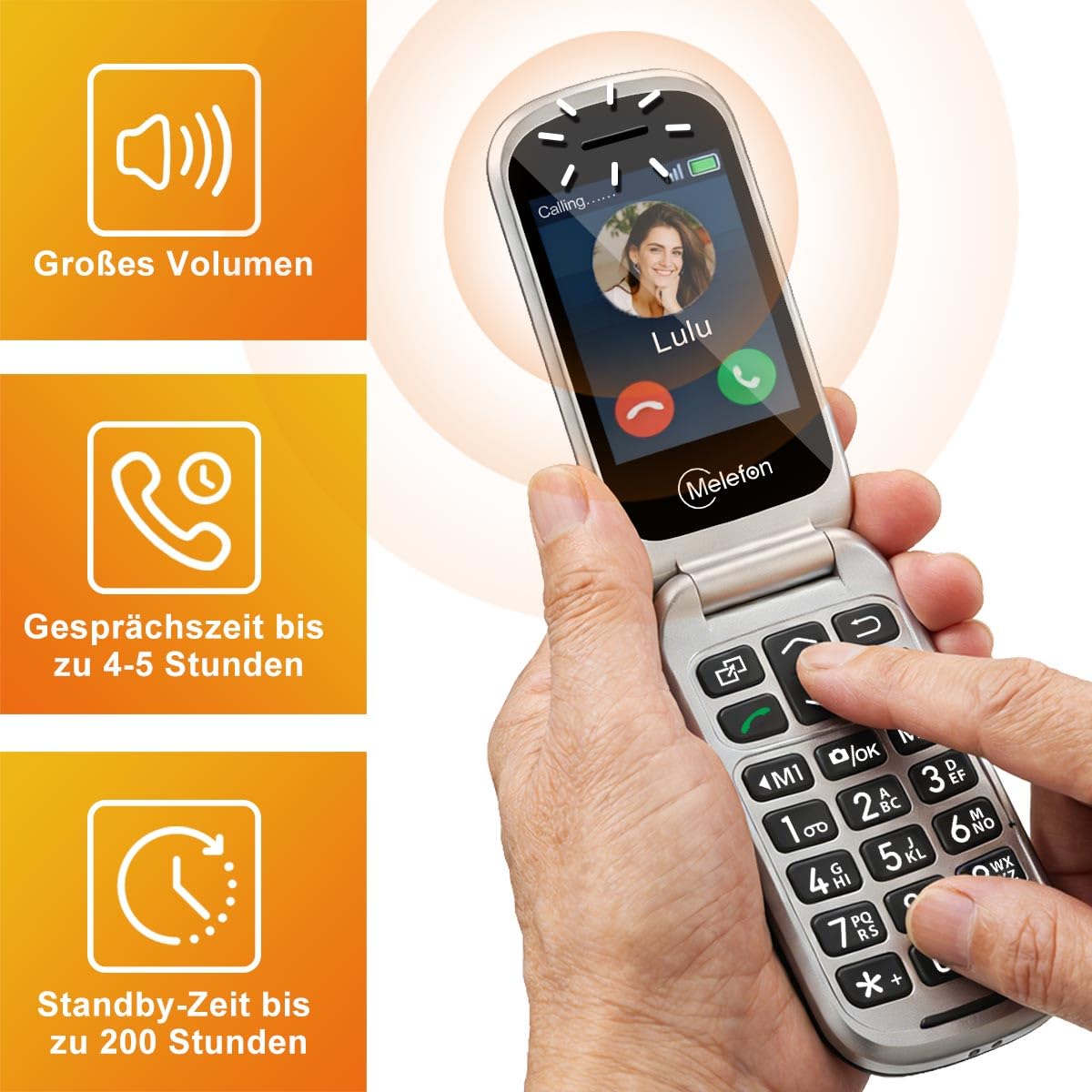 4G Seniorenhandy Klapphandy ohne Vertrag, Großtasten Handy für Senioren mit SOS Notruffunktion, Einfach zu bedienen, 2,4+1,44 Zoll Dual Display, Ladestation, FM Radio