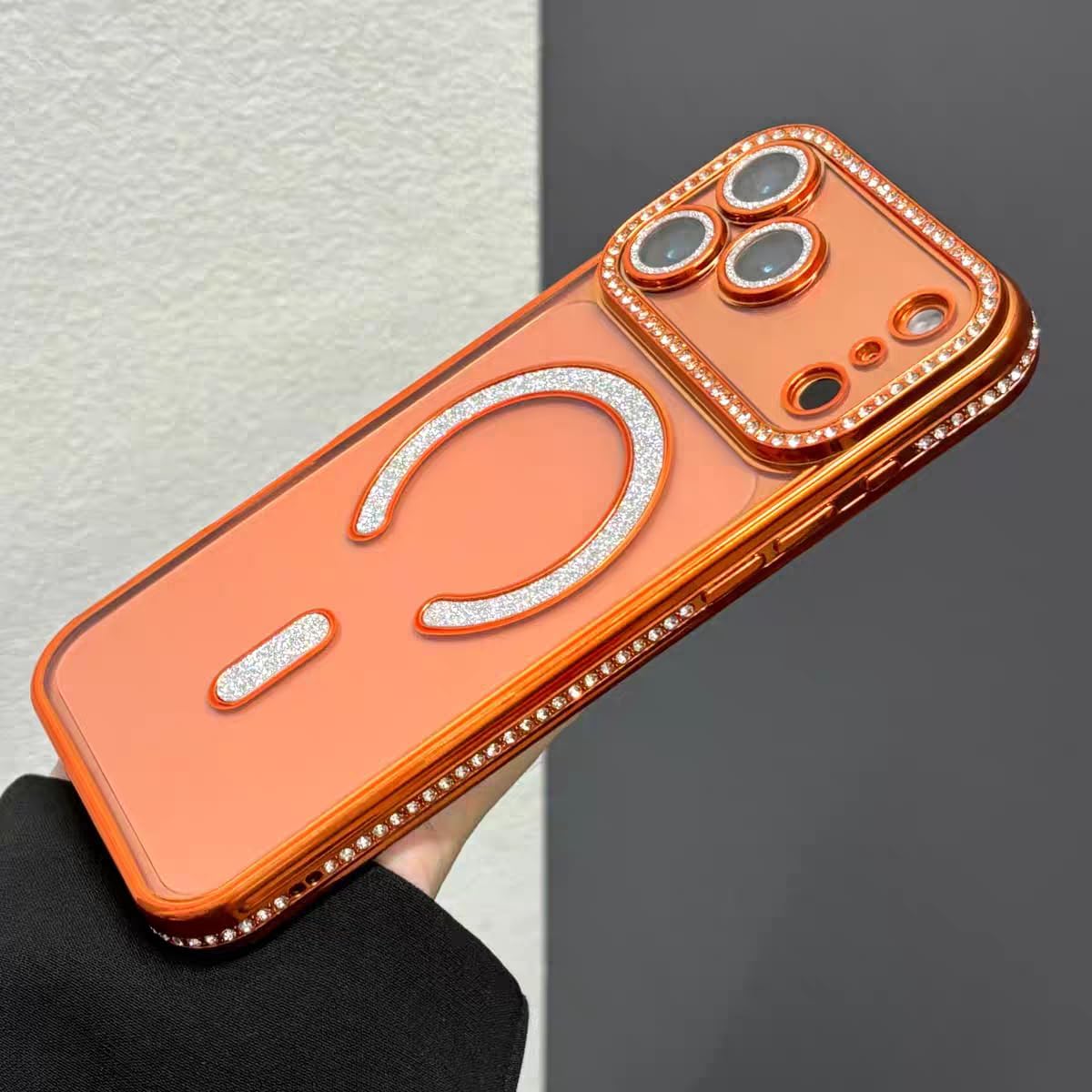 for iPhone 17 Pro Max Case Magnetic Clear Glitter,Orange,[Compatible with Magsafe],Cute Sparkly Bling Diamond Camera Lens Protector Soft Plating TPU Bumper Women Girls Phone Case for iPhone 17 Pro Max - Image 8
