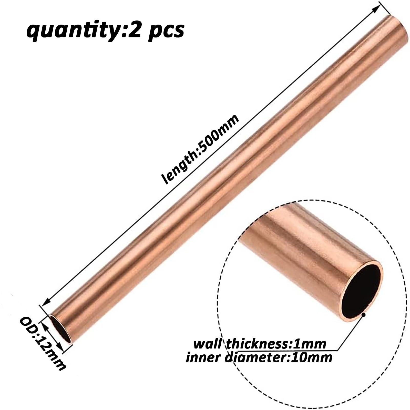2 tubos de cobre de 500 mm de longitud y 12-14 mm de grosor, con diferentes espesores de pared, for manualidades, modelismo e ingeniería electrónica.(12MM+1MM)