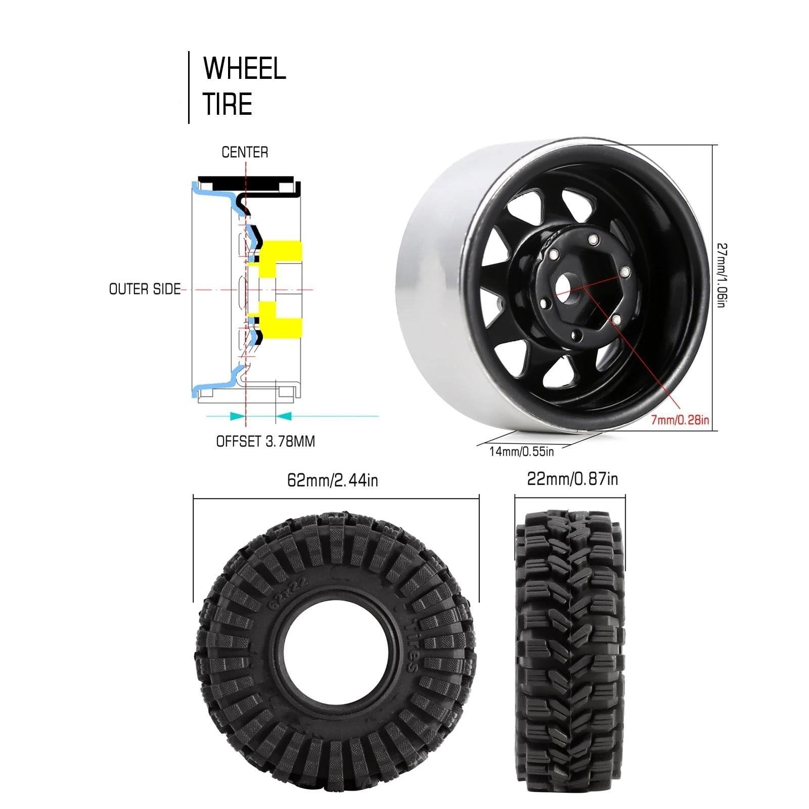 Neumáticos RC para Axial para SCX24 FMS FCX24 TRX4M 1/18 1/24 RC Crawler Car -3,78 Mm Offset 1,0 "Beadlock Llantas Juego De Neumáticos Neumático Goma(Yellow)