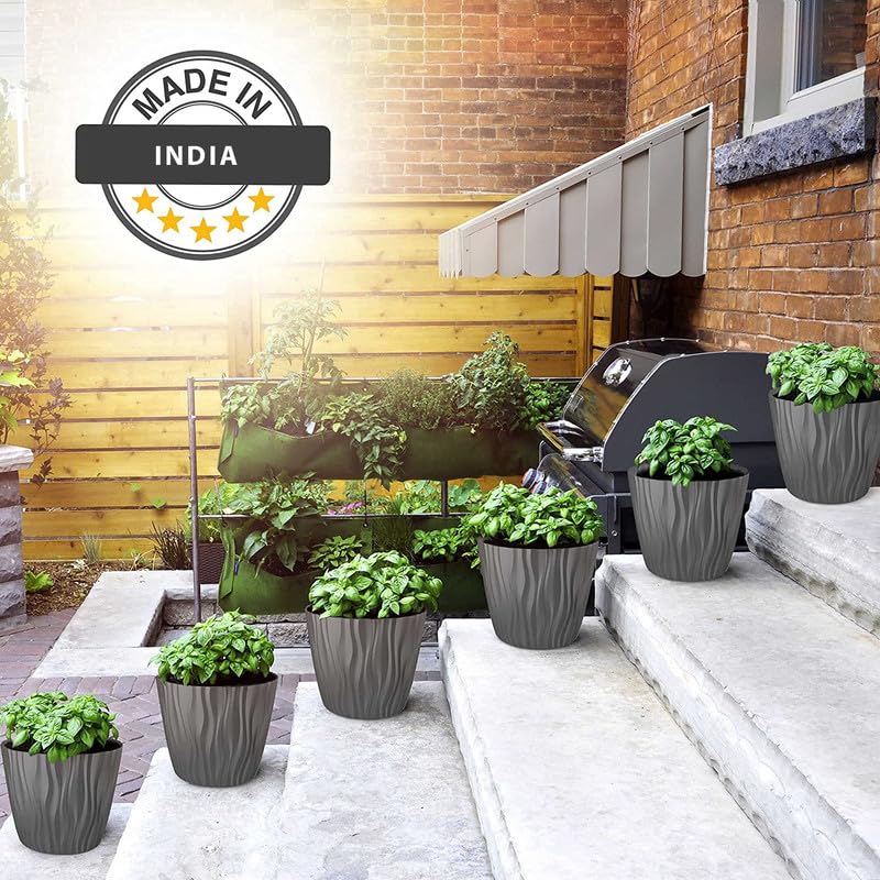 Image of StyleX Store Plastic Round Flower Pots with Drainage Hole Saucers | Durable Outdoor Indoor Wave Pattern Planter with Tray | Plant Container for Balcony, Garden, Office, and Home (Set of 5, Grey)