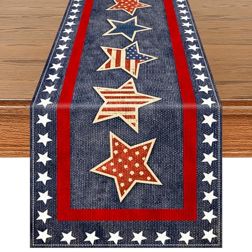 72 x 13 Inches Vintage Patriotic Star Table Runner, Retro Red, White, and Blue Stars Design for Independence Day, 4th of July, Memorial Day, Americana Home Table Decor