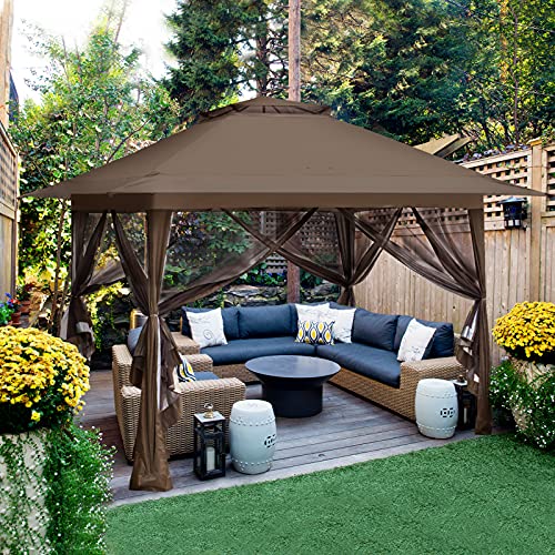 Eagle Peak 13X13 Pop-Up Gazebo Tent Instant W/Mosquito Netting，Outdoor Gazebo Canopy Easy Set-Up Folding Shelter (Brown) #TOP21