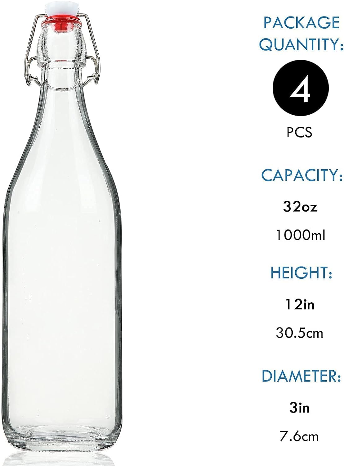 Botellas de Vidrio Transparente con Tapas Herméticas MEETOZ, Juego de 4 Botellas de 32 Onzas para Cerveza, Bebidas, Aceites, Kombucha, Kéfir, Preparación Casera