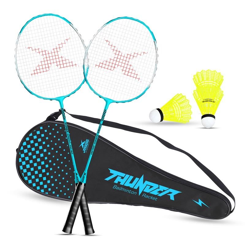 JASPO Thunder Badminton Kit,Badminton Set of Metal Alloy Rackets (Set of 2) with Full Cover Bag, 5 pcs Plastic Shuttlecocks, Ideal only for Recreational Play, Designed for Kids & Youngsters (Cyan)