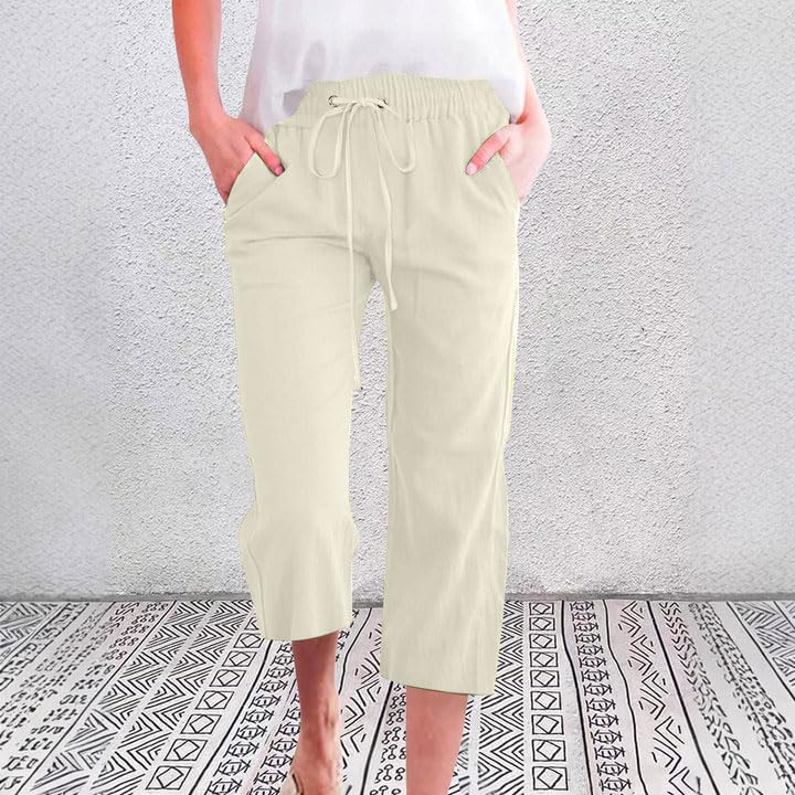 Women's 2025 Summer Capris Pants Causal Drawstring Elastic Waist Pants Lightweight Lounge Beach Trousers with Pockets