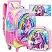 TXHVO 3PCS Rolling Backpack for Girls, Kids Rainbow Unicorn Bookbag with Roller Wheels, Cute Suitcase School Bag Set for Elementary Toddler