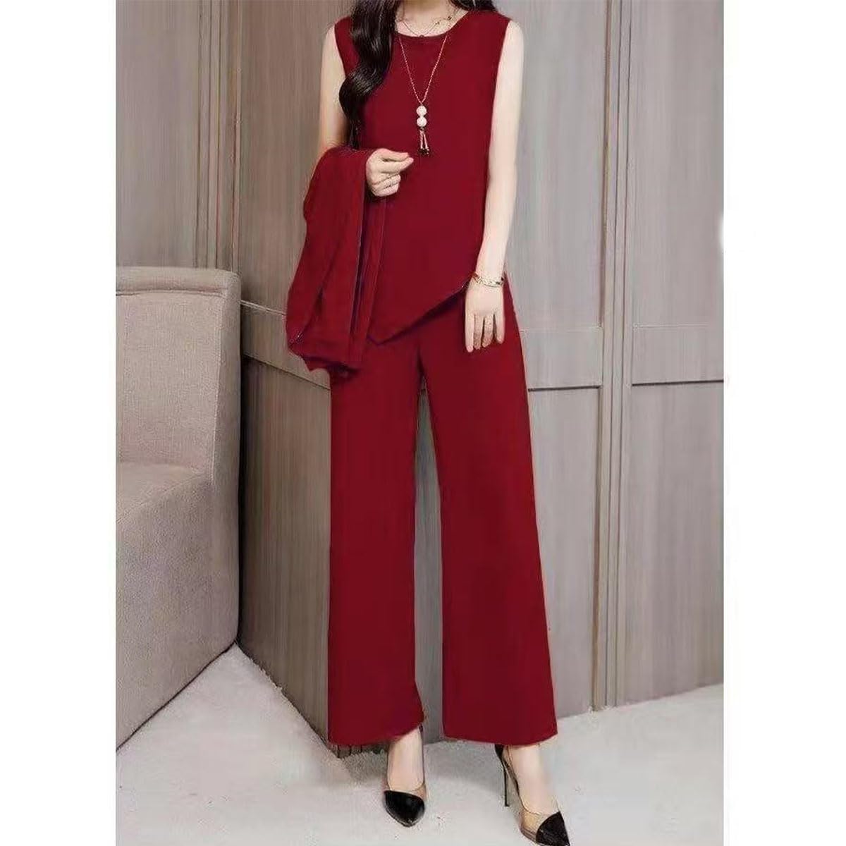 Elegante set da 3 pezzi con cardigan lungo e pantaloni, completo da viaggio per invitati a nozze da donna