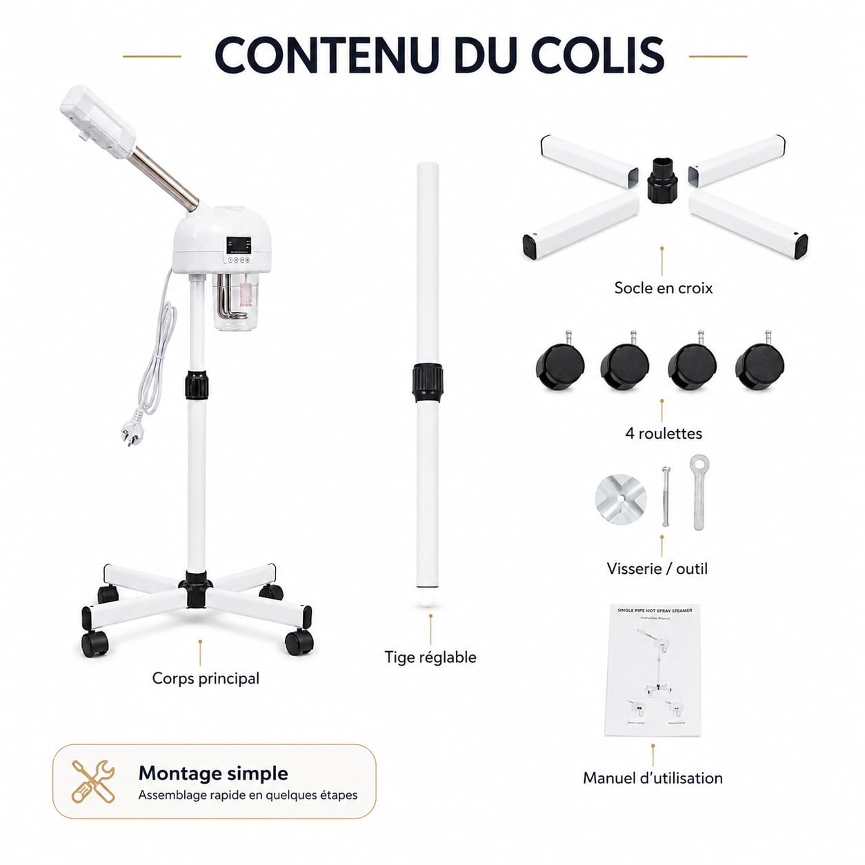 Vapozone Estetica Professionale su Piede Regolabile, Vaporizzatore Viso Ozono Caldo e Inalatore Vapore Ionico, Umidificatore Sauna Facciale per Spa, Soggiorno e Casa, Timer 20-30 Min, 750W