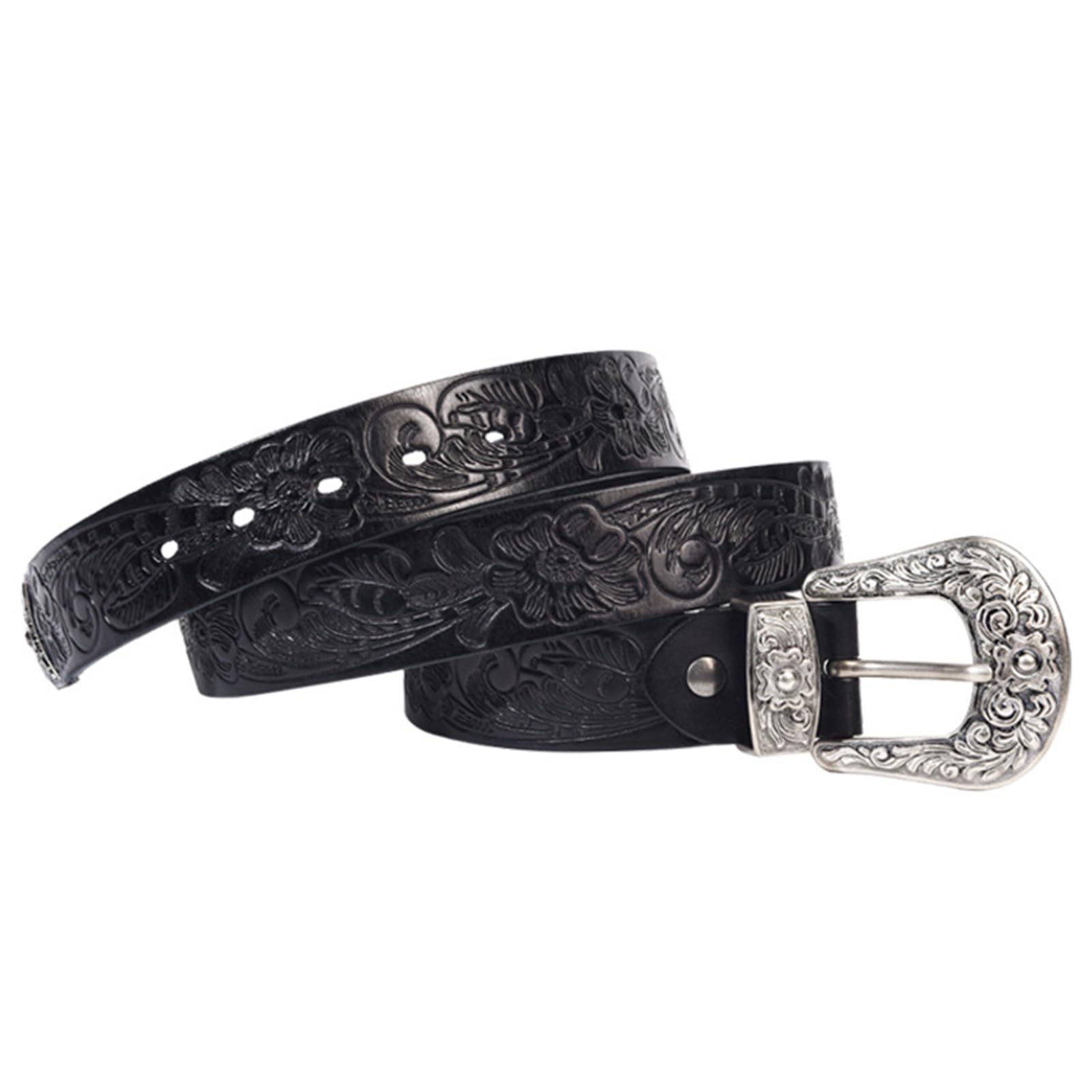 Uomo Donna Cintura in Pelle Vintage in Rilievo con Incisione Floreale Occidentale Fibbia d'Argento Cowgirl Country Cinghia in Vita(105cm/41, Black)