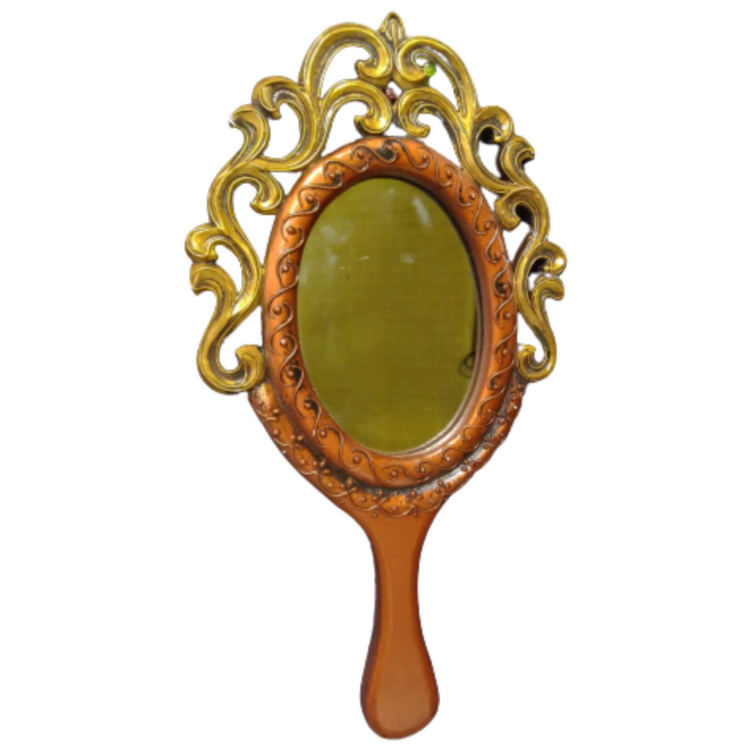 India Meets India Wooden Hand Mirror Beauty Make-up Mirror Carved Antique Finish by Awarded Artisans (Brown, L-17xW-8.5 Inch)-image-2