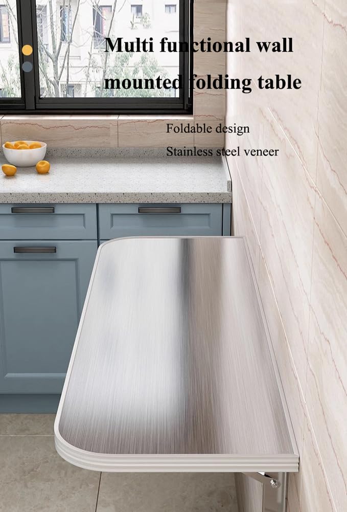 Mesa Plegable de Acero Inoxidable para Montaje en Pared, Ahorra Espacio, Ideal para lavandería y Cocina. Mesa portátil de 60x40 cm para Food Trucks, Bares y Espacios pequeños.