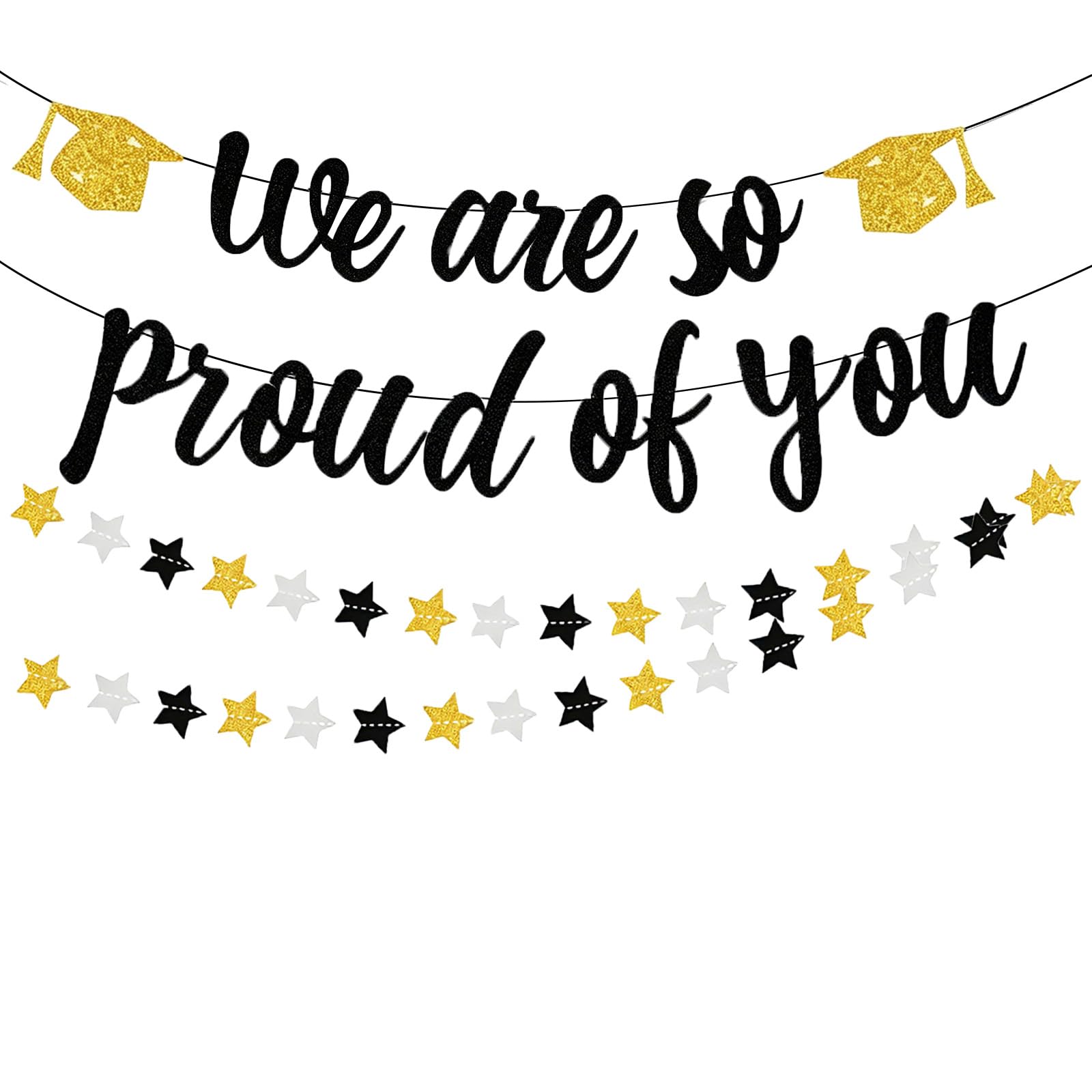 HONZSAN 2026 Graduation Banner Decorations, Pre Assembled Glitter We Are So Proud of You Banner & Star Garland, Congratulation Banner for Grad Retirement New Job Celebration Party Decor