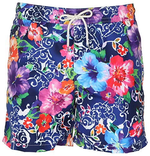 Polo Ralph Lauren Mens Printed Swim Shorts Beach Trunks with Strings (Blue Floral, L)