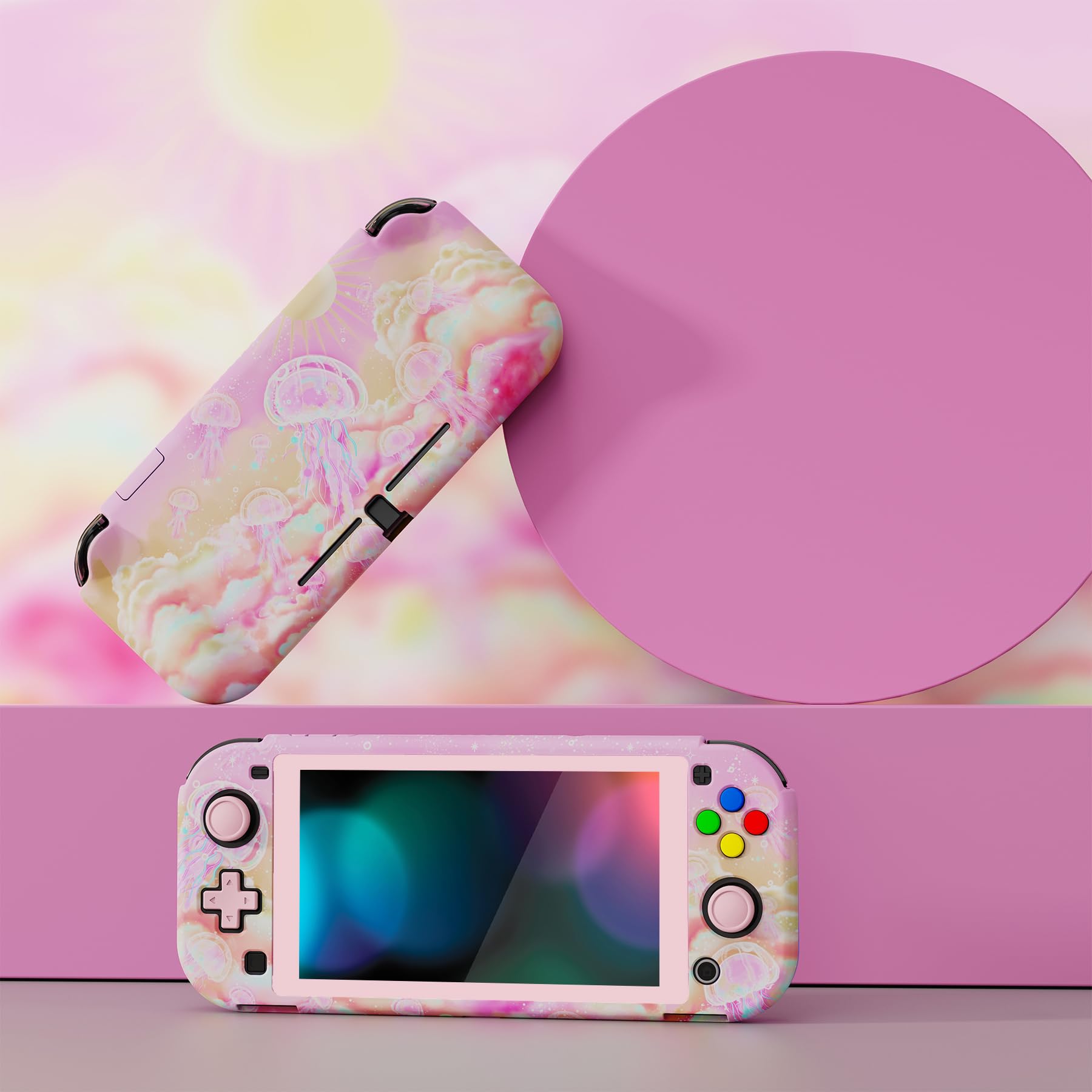 PlayVital Cover per Nintendo Switch Lite,Custodia Grip Ergonomica Copertura Protettiva Rigida Pellicola Copri Analogici per Nintendo Switch Lite Console-ZealProtect-Paradiso delle Meduse Rosa - 2