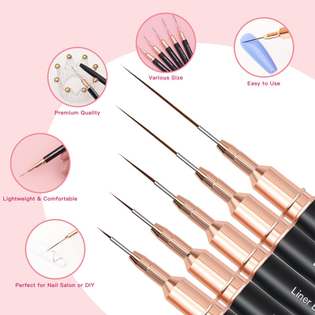 5 Pezzi Pennelli Per Unghie,Pennello Sottile Nail Art Pennelli Set,Pennelli Per Nail Art,Per Disegnare Linee Fini Attrezzo(Nero,7/9/11/15/25 Mm)