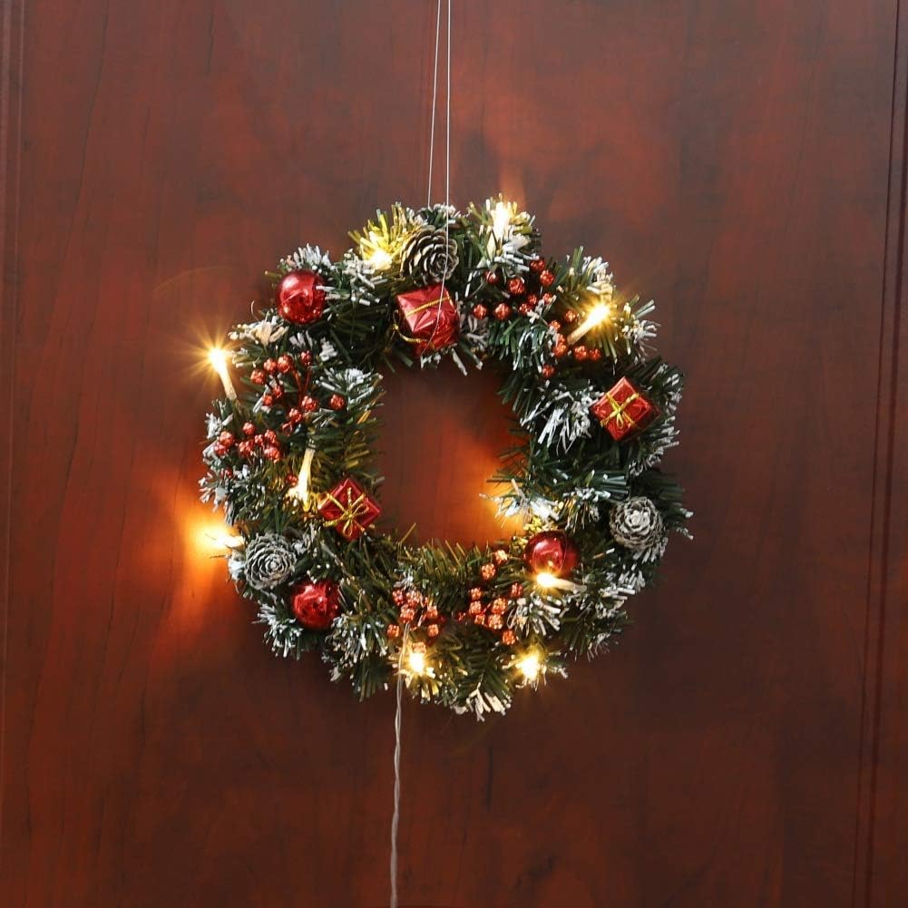 Christmas Wreath with LED Lights, 10 Inch Artificial Christmas Wreath with Battery Operated LED Lights, Battery Powered Xmas Door Wreath, Xmas Wreath Decoration for Front Door Window Hanging Garland