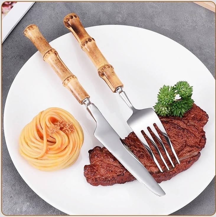 Ce Set de Couverts Comprend 5/20/30/40 pièces en Acier Inoxydable 304 : Couteau à Steak, Fourchette et cuillère à Manche en Bambou. Ce Set créatif pour Desserts et gâteaux est Disponible en