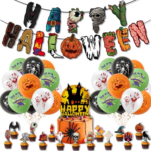 SHAVINGFUN Ensemble de décorations de fête d'Halloween, décorations d'anniversaire d'horreur, ballons d'horreur à suspendre, tourbillons, fournitures de fête d'Halloween, pour enfants Cover
