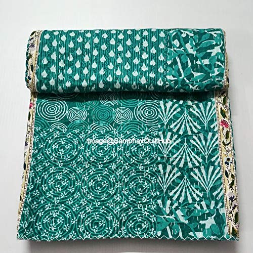 Sambhav Quilt HubGreen Indigo Print Less Cotton Handmade Handblock Quilted Blanket Indian Cottodspread Kantha Indigo Print Beork Bohemian Bed Decor Block Throw Blanket Twin/King/Queen (90X108 inch)