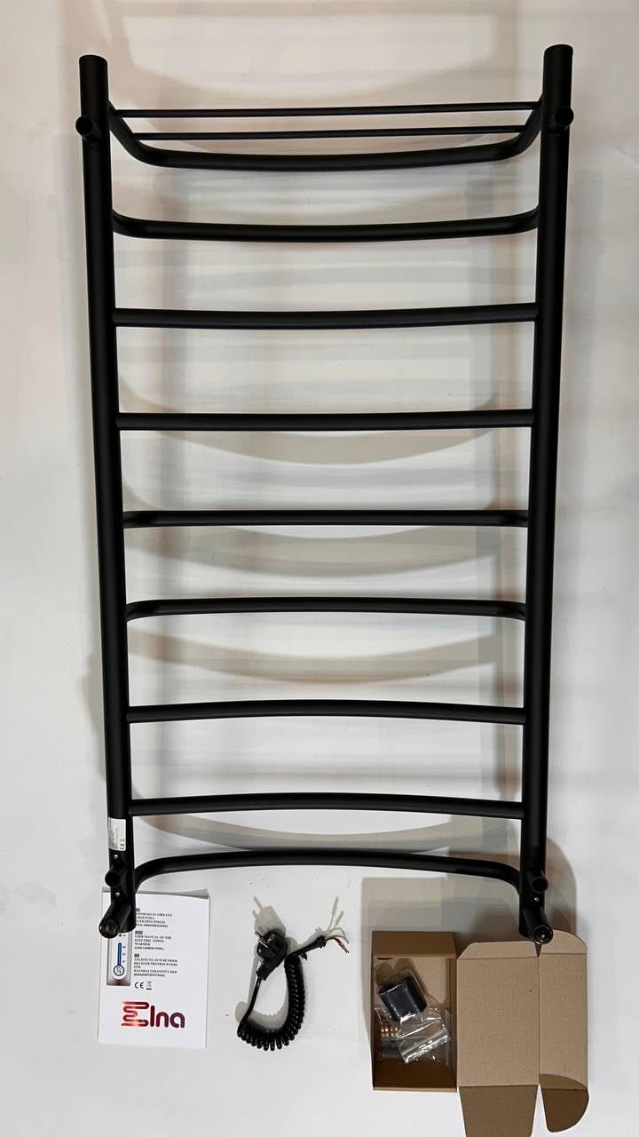 Elna Grzejnik na ręczniki, czarny, 194 W, 1010 x 530 mm, elektryczny z półką – do użytku na co dzień, do domu i mieszkania – matowa czerń – z termostatem, timerem i ekologicznym – IP44 – montaż