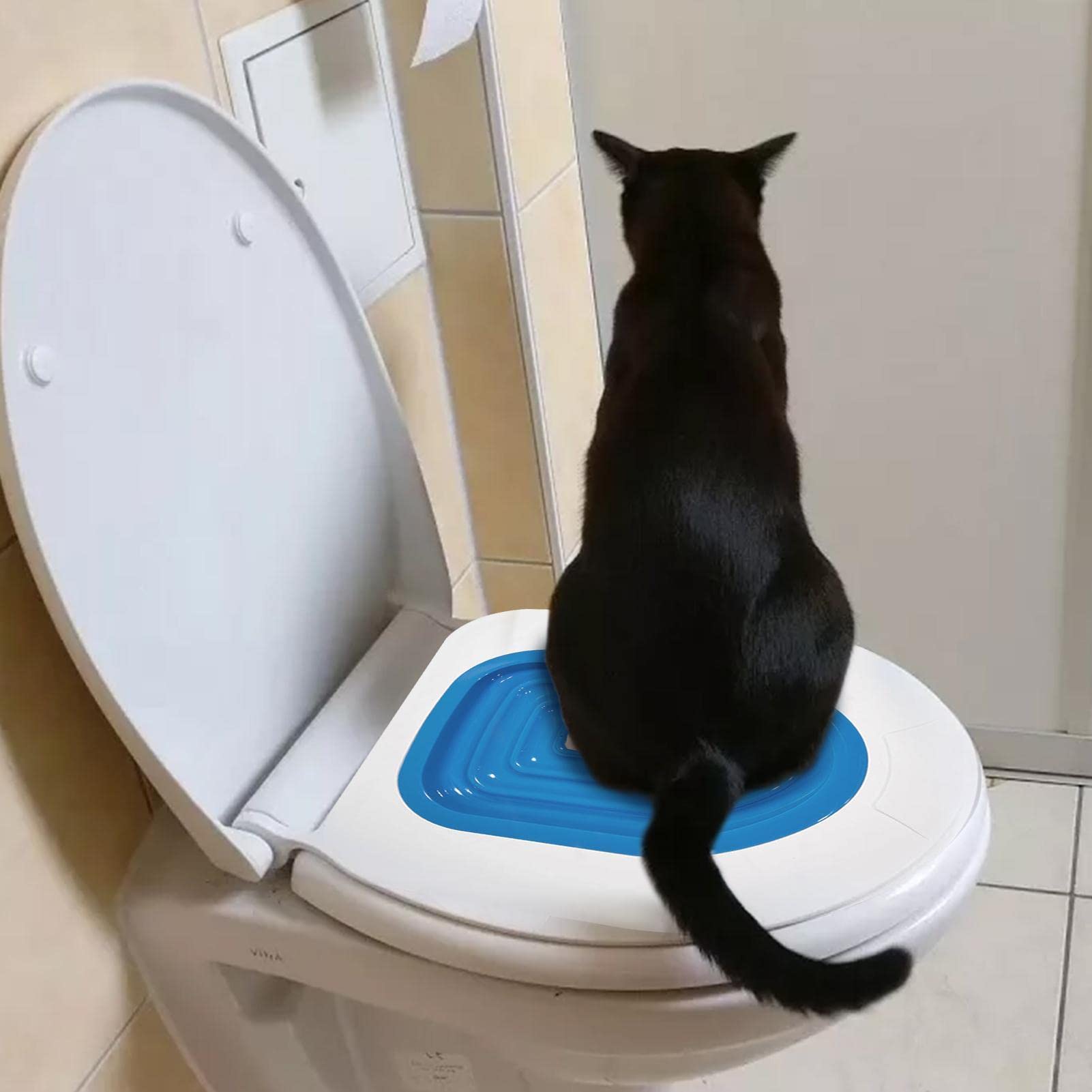 Kit Addestramento WC Per Gatti - Trainer Per Vasino, Con Vassoio E Supporto, Colore Bianco/Blu