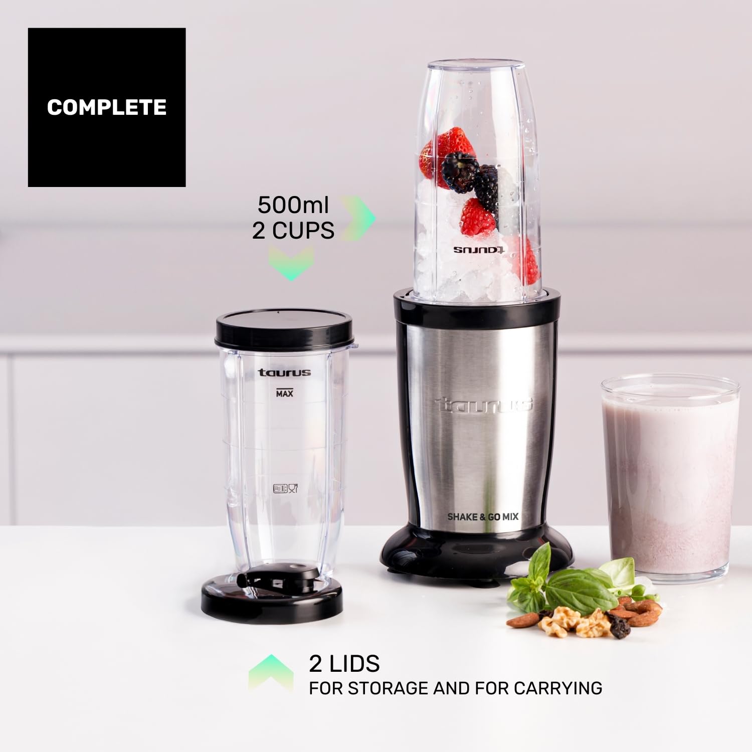 Taurus Shake & Go Mix – Mini batidora portátil de 1000W con vaso de 500 ml portatil | 6 cuchillas de acero inoxidable | Tritura hielo y fruta congelada | Pulse Technology | Incluye tapas