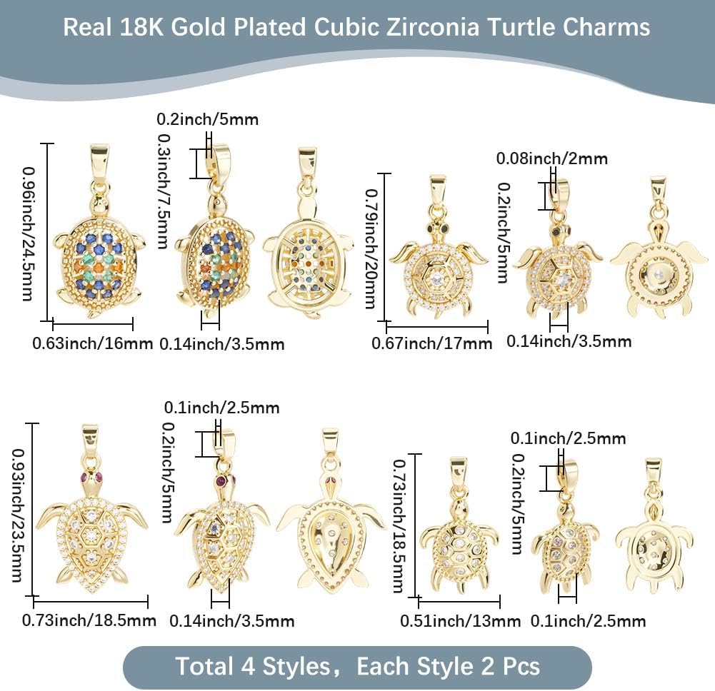 Beebeecraft 1 Box 8Pcs Turtle Charms for Bracelets, Cubic Zirconia 18K Gold Plated Brass 4 Styles Turtle Charms Ocean Animal Tortoise Beach for Summer Theme DIY Jewelry Necklace Earring Keychain - Image 2