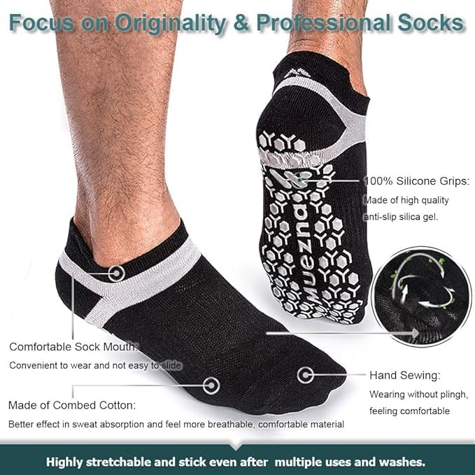 Muezna Men's Non-Slip Yoga Socks, Anti-Skid Pilates, Barre, Bikram Fitness Hospital Slipper Socks with Grips - Image 3