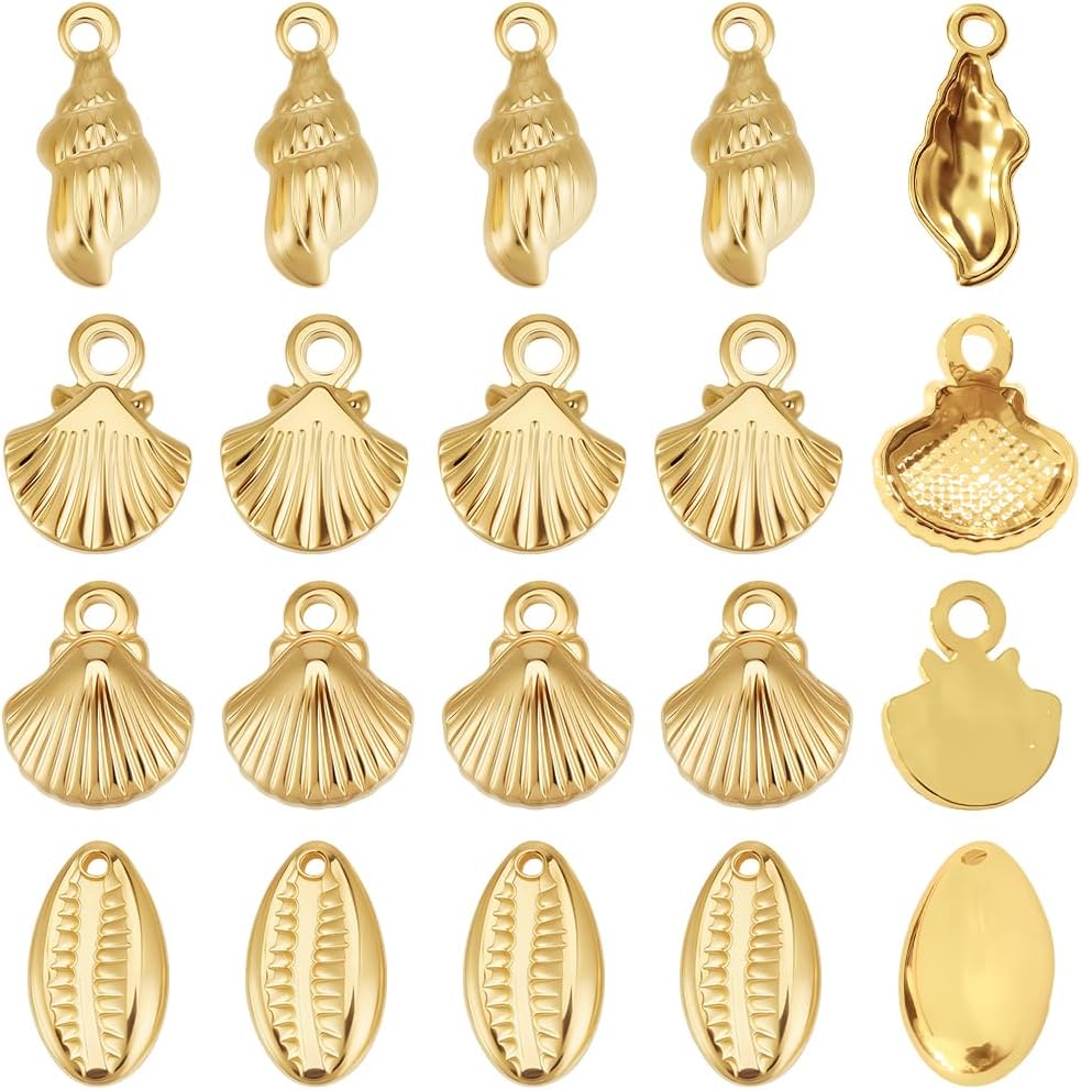 Beebeecraft 20Pcs 4 Styles Conch Sea Shell Charms 18K Gold Plated 304 Stainless Steel Ocean Theme Charms for Jewelry Making Summer Theme Necklace Bracelets Diy Crafts