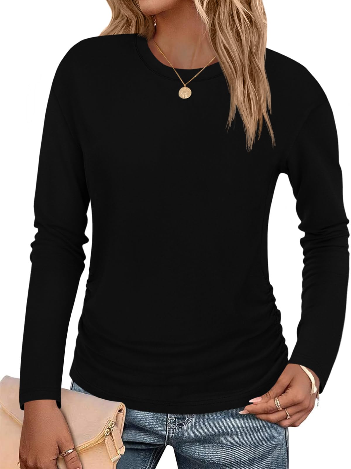 Tankaneo Womens T-Shirts Summer Long Sleeve 2025 Crew Neck Blouse Dressy Casual Ruched Slim Fit Trendy Tops