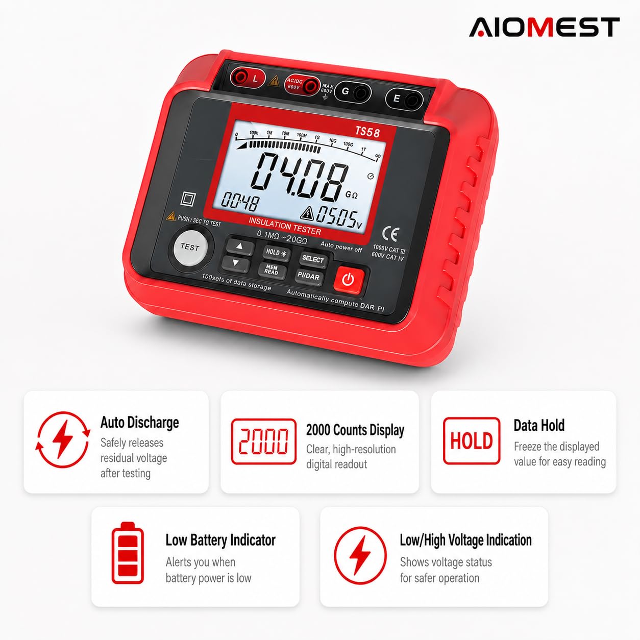 Mégohmmètre Testeur de Résistance d'Isolement, AIOMEST Controleur Isolement 20GΩ, Tension Sortie 50V~1000V, Enregistrement Données, Voltmètre AC/DC 10V~600V, Metre Isolé 1000V avec étui Transport