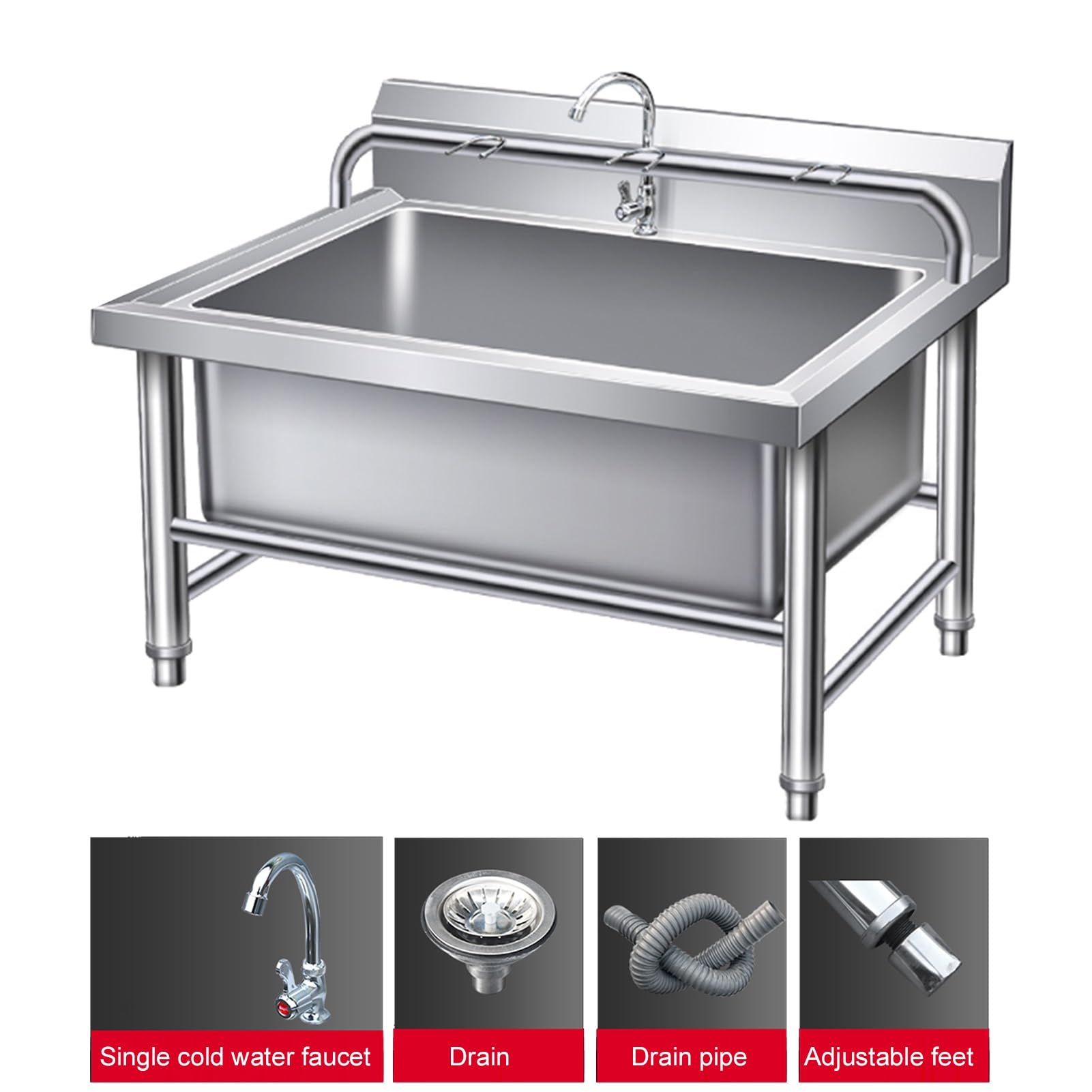 GOCHUSX Stainless Steel Mop Sink, Commercial Mop Sink with Adjustable Leveling Feet, Freestanding Wash Station for Outdoor Balcony Bathroom Kitchen Restaurant(60x60x55cm)