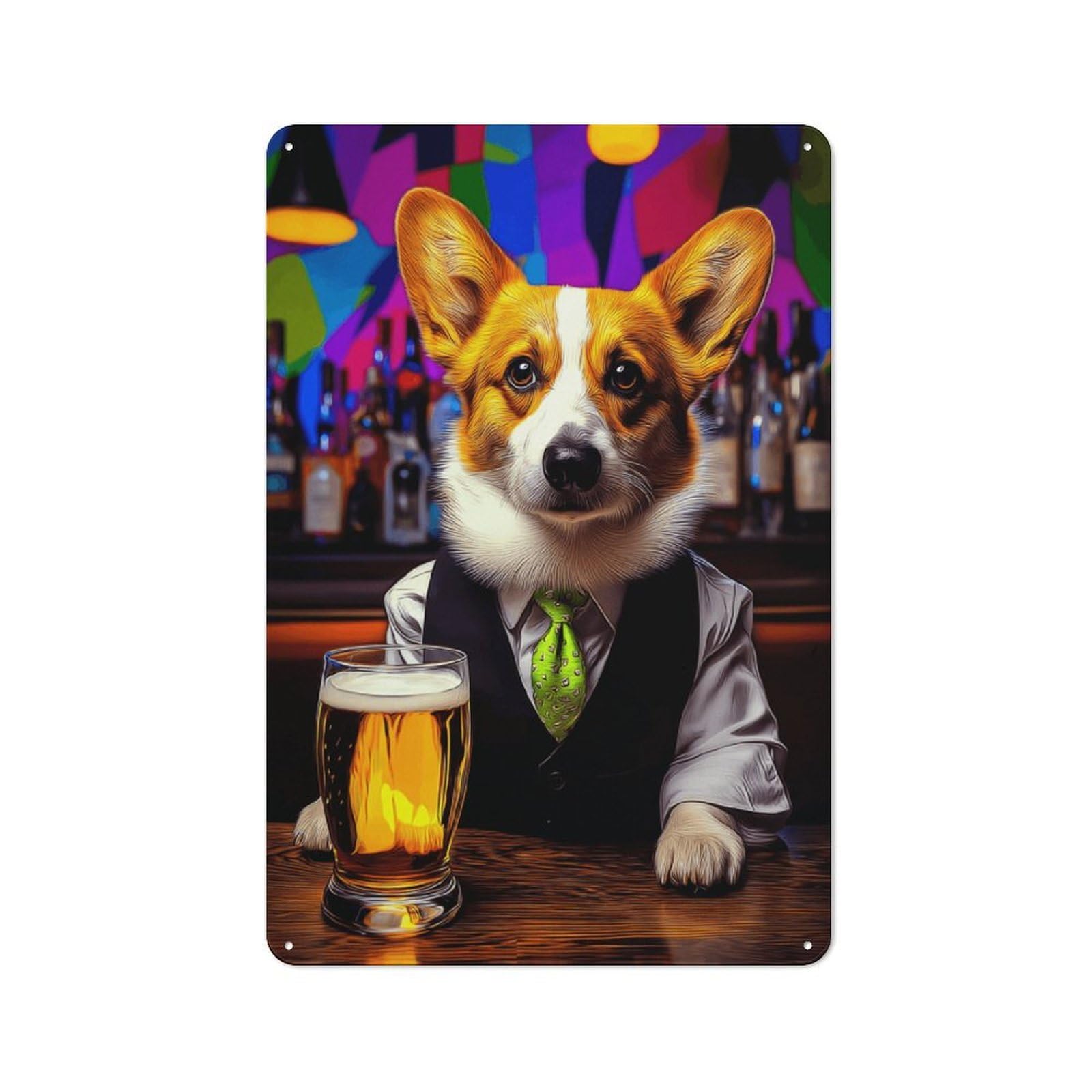 Junmoney Corgi In Suit Enjoying A Beer -1 Rustic Tin Sign 30X20cm, Vintage Porch Wall Decor For Conservatory, Home Bar Or Utility Room
